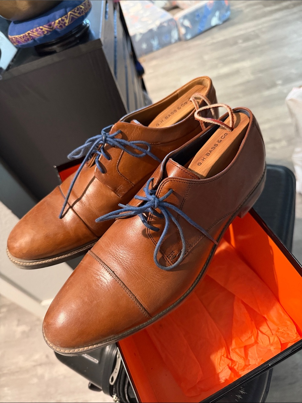 Cole Haan Tan Brown Leather Derby Shoes with Navy Laces